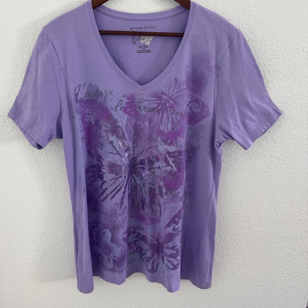 Just My Size Hanes Top Lavender Women's 1X 16W Plus Tee Glitter Floral Butterfly